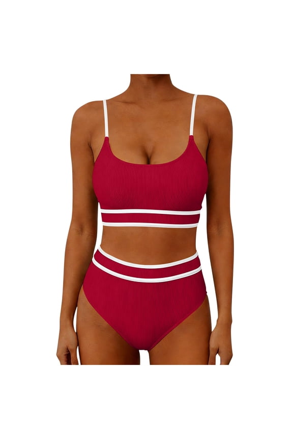 Ribbed Color Contrast Thin Strap Bikini Two Piece Swimsuit with High Waist Bottom Red M