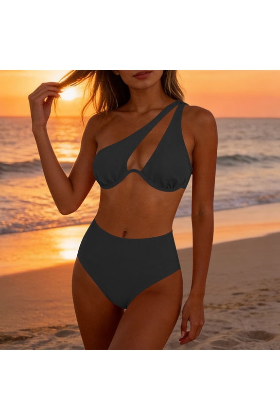 Ribbed One Shoulder Cutout Bikini Two Piece Swimsuit with Underwire High Waist Bottom Black M