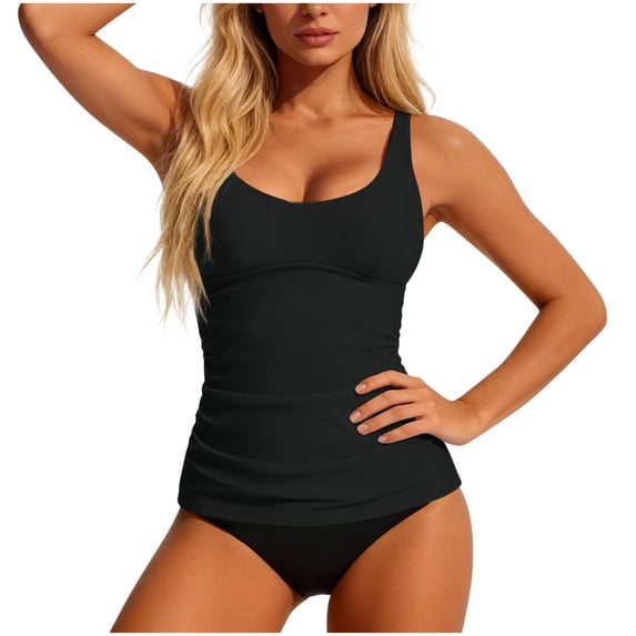 PWPSG Ruched Tankini Two Piece Swimsuit Tummy Control Slimming for Beach Vacation Black M