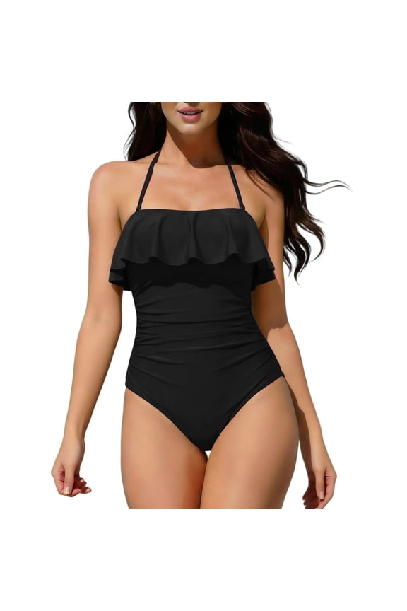 Ruffle Trim Halter Ruched One Piece Swimsuit, Bandeau Neck with Full Coverage for Swimming Black S