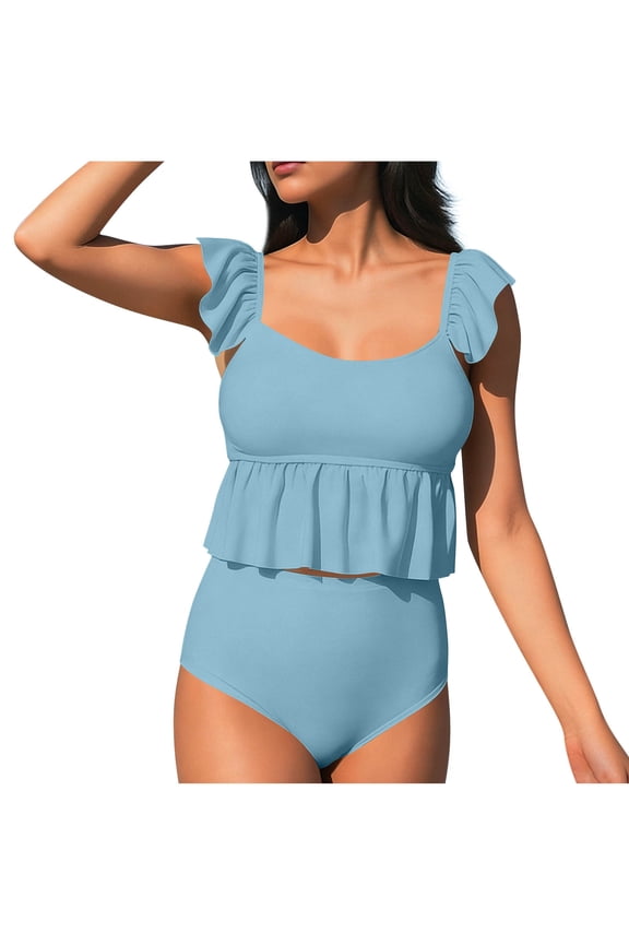 Ruffle Trim High Waisted Two Piece Swimsuit Figure Flattering for Pool Getaways Blue L