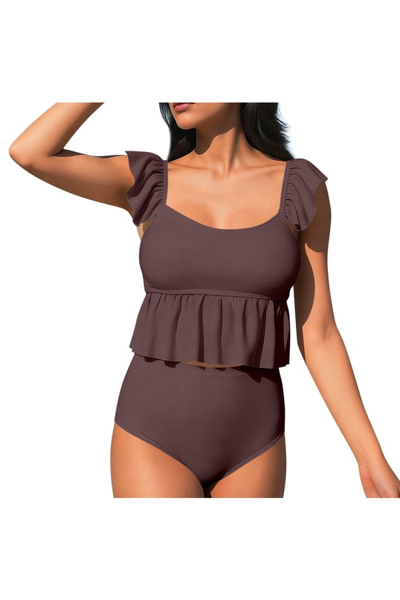Ruffle Trim High Waisted Two Piece Swimsuit Figure Flattering for Pool Getaways Brown S
