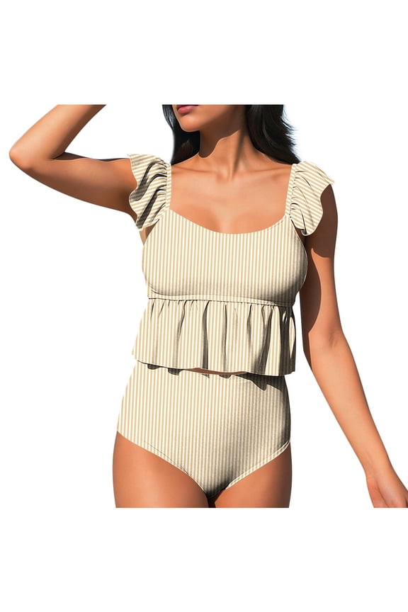 Ruffle Trim Vertical Stripe High Waisted Two Piece Swimsuit Body Contouring Slimming for Swimming Yellow L