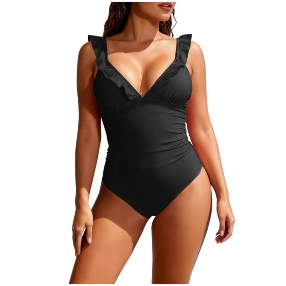 PWPSG Ruffled V Neck Solid One-Piece Swimsuit Push Up Tummy Control Slimming Bathing Suit for Beach Vacation Black L