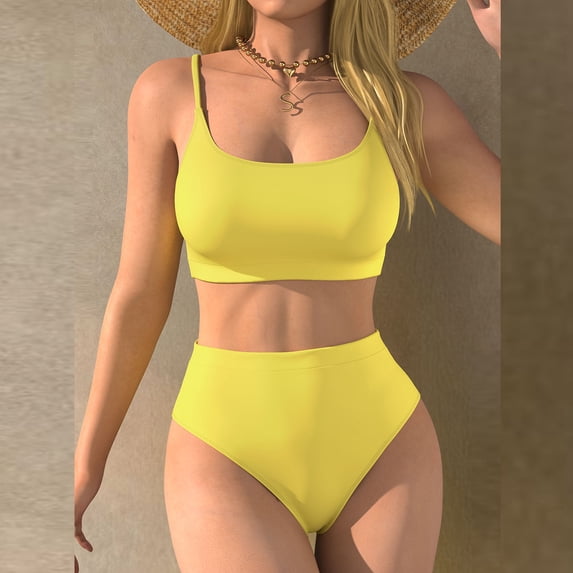 PWPSG Solid Color Square Neck Thin Strap Top with High Waist Bottom Two Piece Swimsuit Yellow S