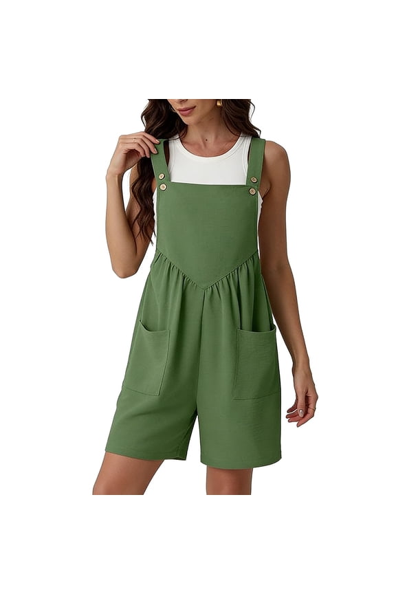 Square Neck Short Overalls, Button Fixed Shoulder Straps, Front Pleats, Side Pockets and Loose Fit for All-Day Daily Comfort Green XL