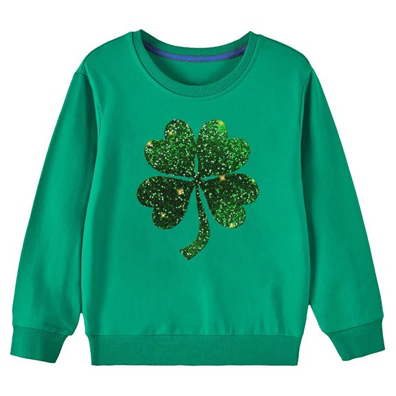 PWPSG St.Patrick's Day Sweatshirt for Girls Shamrock Lucky Graphic Print Long Sleeve Sweatshirts Ireland Cotton Pullover Tops Green 5 Years