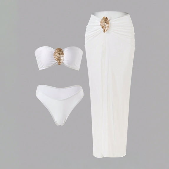 PWPSG Strapless Bandeau Bikini Two Piece Swimsuit with Metal Accent Mesh Maxi Skirt Cover Up White M