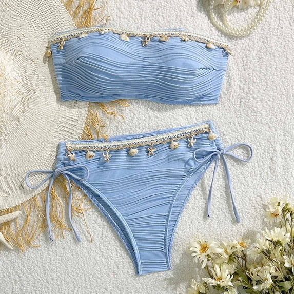 PWPSG Strapless Bandeau Bikini Two Piece Swimsuit with Shell Accent Lace Trim Tie Side High Cut Bottom Blue M