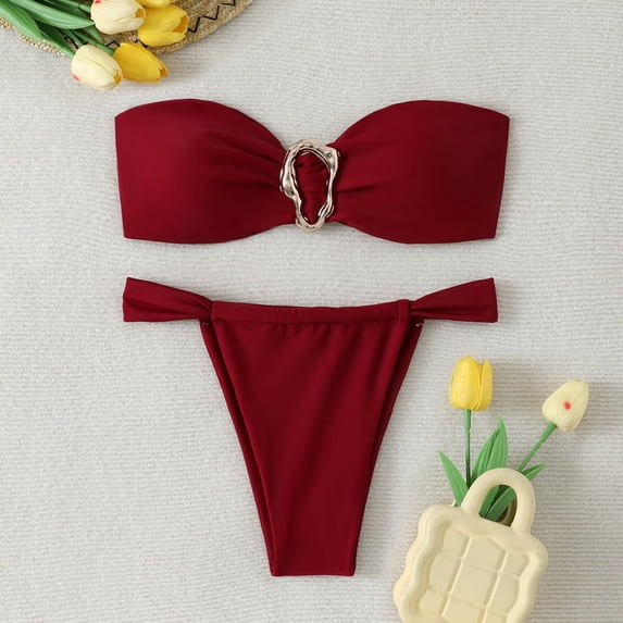 PWPSG Strapless Bandeau Bikini with Central Metal Buckle and Side Tie Knot High Cut Bottom Two Piece Swimsuit Red S