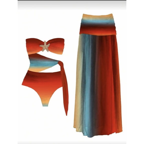 PWPSG Strapless Ombre Print Bikini Two Piece Swimsuit with Matching Long Wrap Skirt Cover Up Multicolor M