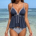thumbnail image 1 of PWPSG Striped Ruffled V Neck Tankini Two Piece Swimsuit with High Waist Bottom Blue S, 1 of 9