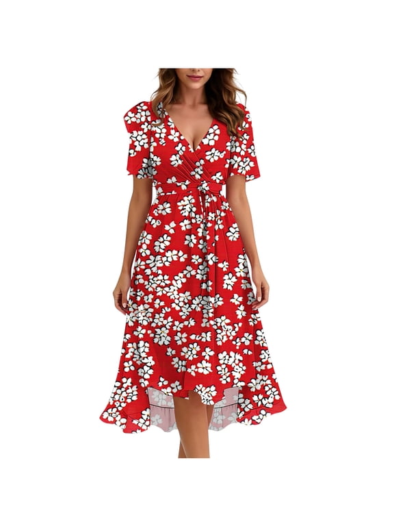 Summer Dresses for Women Deep V Neck Puff Short Sleeve Dense Blossom Print Tie Closure Asymmetrical Midi Dress Expanded Flared Hem Outline Red S