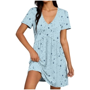 PWPSG Summer Dresses for Women Deep V Neck Short Sleeve Empire Waist Pleated A Line Mini Dress Star Moon Galaxy Print with Practical Side Pockets Blue XL