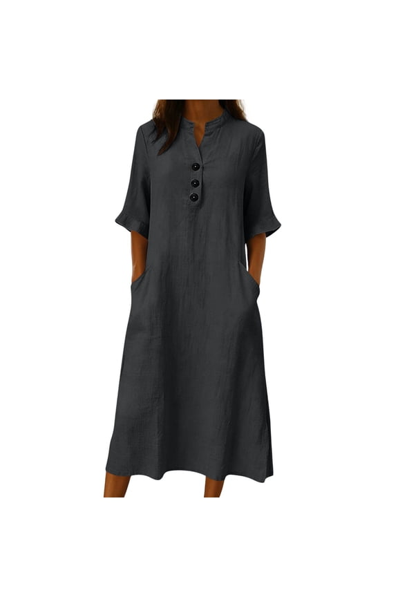 Summer Dresses for Women Stand Collar Partial Button Placket Flared Elbow Sleeve Straight Midi Dress Side Inset Pockets Loose Oversized Build Gray M