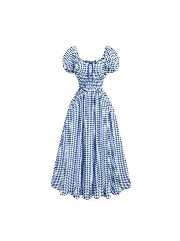 Summer Dresses for Women Square Neck Puff Short Sleeve Smocked Waist Gingham Swing Midi Dress Vintage Flared Cut for Holiday Trips Blue S