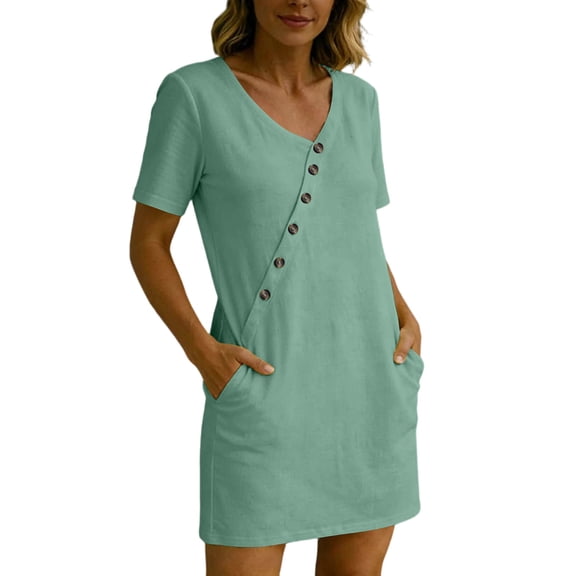 PWPSG Summer Dresses for Women V Neck Short Sleeve Asymmetrical Button Placket Relaxed Mini Tunic Dress With Dual Practical Side Pockets Green S