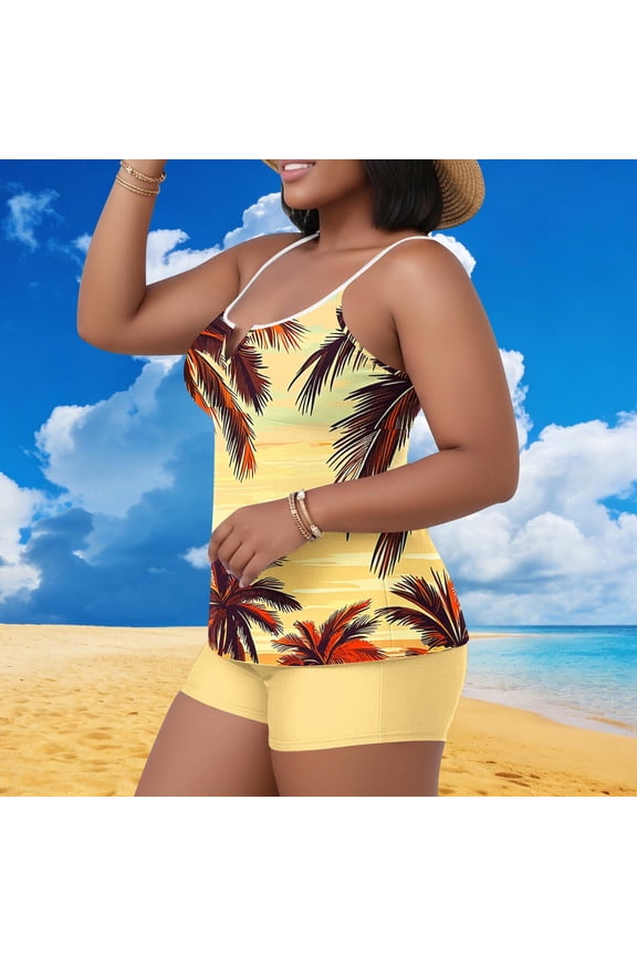 Sunset Palm Printed V Notch Neck Thin Strap Solid Boyshort Two Piece Tankini Swimsuit for Poolside Use Yellow XL