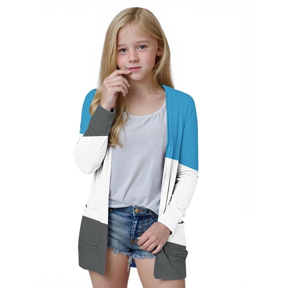 PWPSG Teen Girl Casual Cardigan Color Block Tunic Tops Lightweight Open Front Long Sleeve Top Fashion Daily Outfits with Pockets Blue 13 Years