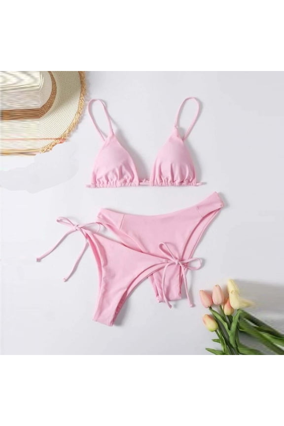 Thin Strap Triangle Cup Bikini Top with Tie Side High Cut Bottom Two Piece Swimsuit Pink S