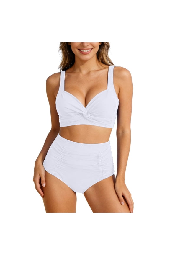 Twist Front Bikini Two Piece Swimsuit with Wide Straps Ruched High Waist Bottom White L