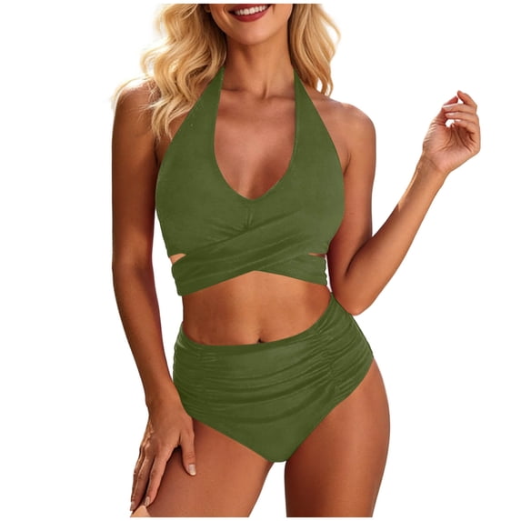 PWPSG Velvet Crisscross Twist High Waisted Two Piece Swimsuit Waist Cinching Shaping for Poolside Wear Green XXL