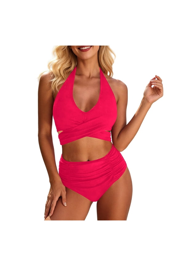 Velvet Crisscross Twist High Waisted Two Piece Swimsuit Waist Cinching Shaping for Poolside Wear Pink L