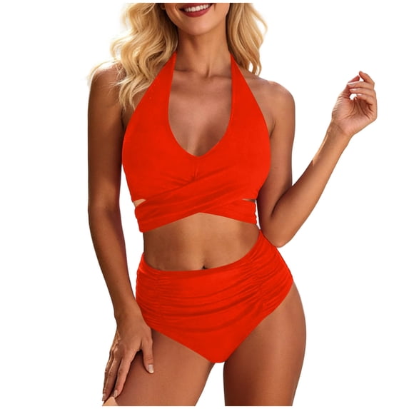 PWPSG Velvet Crisscross Twist High Waisted Two Piece Swimsuit Waist Cinching Shaping for Poolside Wear Red XXL