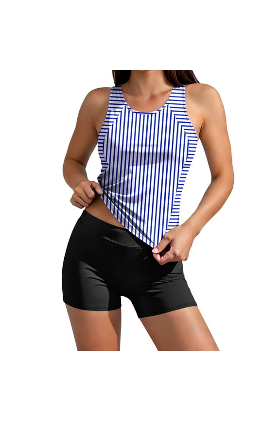 Vertical Stripe Raglan Tankini Two Piece Swimsuit with Boyleg Structured Shaping Blue L