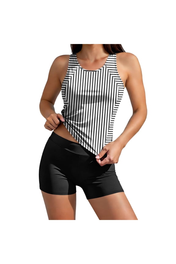 Vertical Stripe Raglan Tankini Two Piece Swimsuit with Boyleg Structured Shaping White S