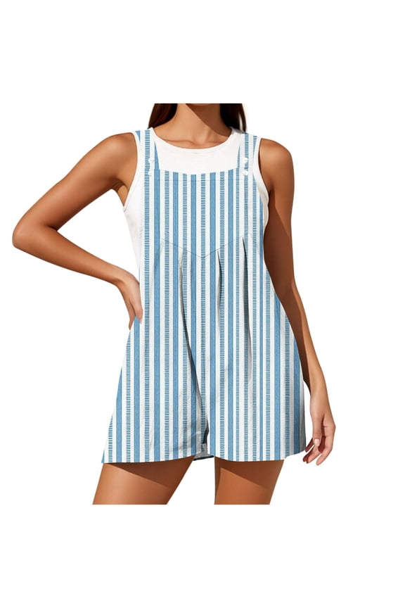 Vertical Striped Round Neck Sleeveless Short Overalls, Loose Cutting, Side Pockets, Lightweight Fabric for Leisure Activities Blue XL