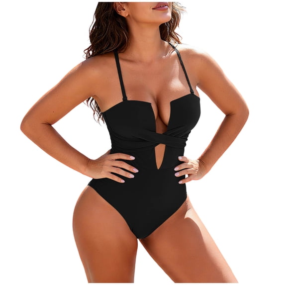PWPSG Vintage Tribal Print V Neck One-Piece Swimsuit Tummy Control Slimming Bathing Suit for Beach Vacation Black M