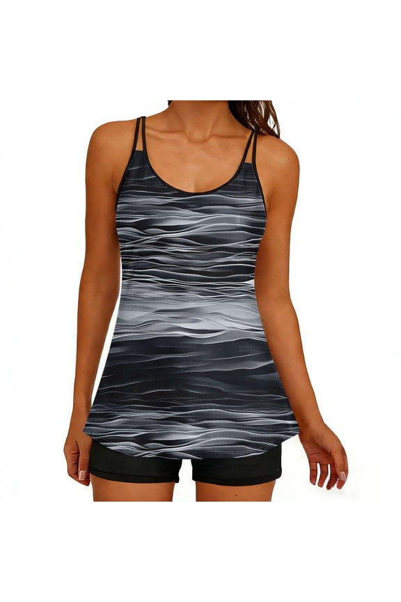 Water Ripple Gradient Print Double Strap Tankini Two Piece Swimsuit Tummy Control for Beach Vacation Black M