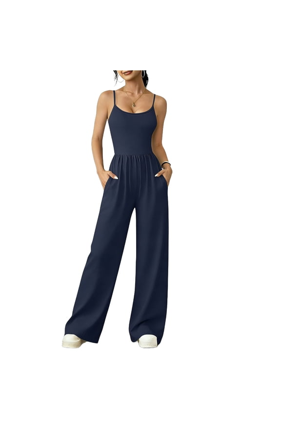 Women Casual Jumpsuit V Neck Spaghetti Strap Slim Fit High Waist Elastic Waist Wide Leg Pants Blue S