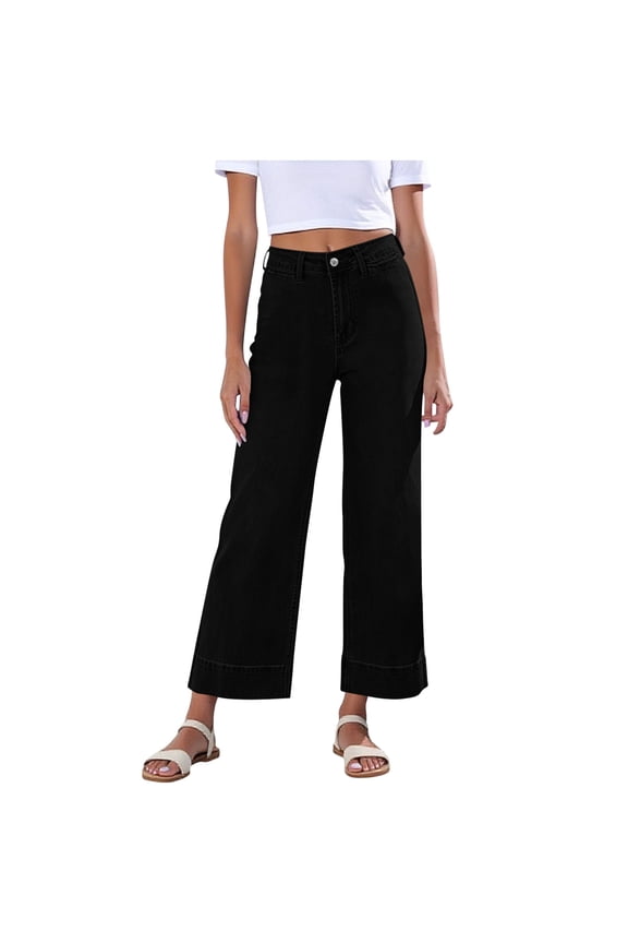 Women High Waist Denim Jeans, Solid Color Button Pocket Loose Ankle-Length Straight Stretch Pants Black M