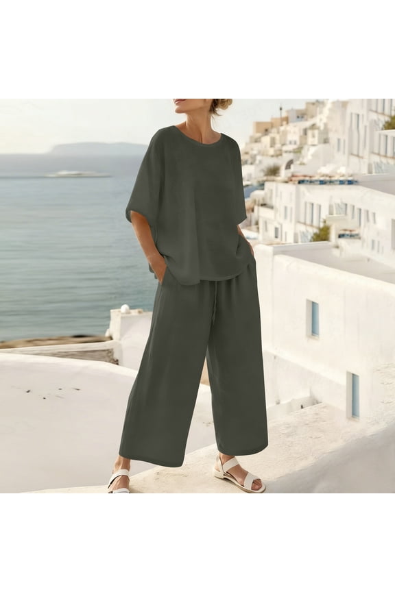 Women's 2 Piece Outfits with Short Sleeve Top and Long Pants, Classic Color for Spring, Summer and Daily Wear Green S