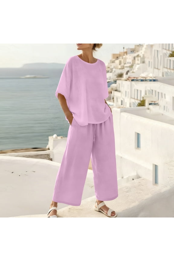 Women's 2 Piece Outfits with Short Sleeve Top and Long Pants, Classic Color for Spring, Summer and Daily Wear Pink S