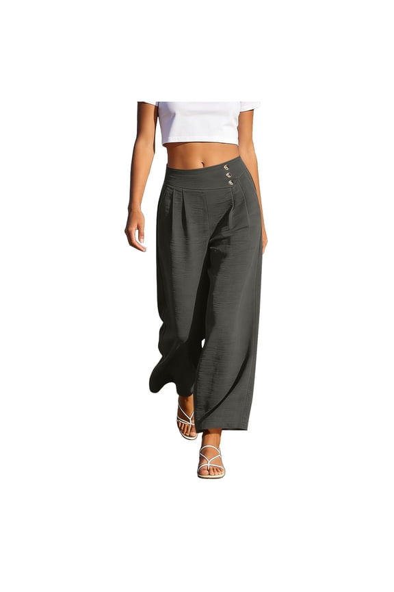 Women's Button Detail High Waist Wide Leg Pants, Drapey Fabric for Office Work and Commute
