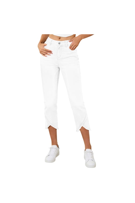 Women's Button Waist High Rise Asymmetrical Frayed Hem Denim Capri Pants, Flattering with Pockets for Daily Commute Casual Wear White M