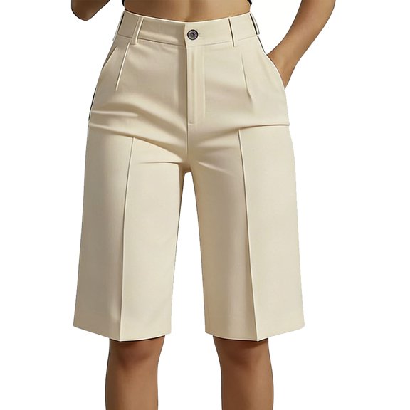 PWPSG Women's Button Waist High Rise Pleated Loose Casual Blazer Shorts, Structured Fit with Pockets for Daily Commute Office Wear Yellow S