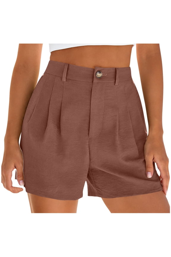 Women's Button Waist High Rise Pleated Loose Casual Shorts, Structured Fit with Pockets for Daily Commute Vacation Brown M