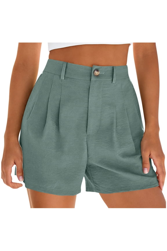 Women's Button Waist High Rise Pleated Loose Casual Shorts, Structured Fit with Pockets for Daily Commute Vacation Green XL