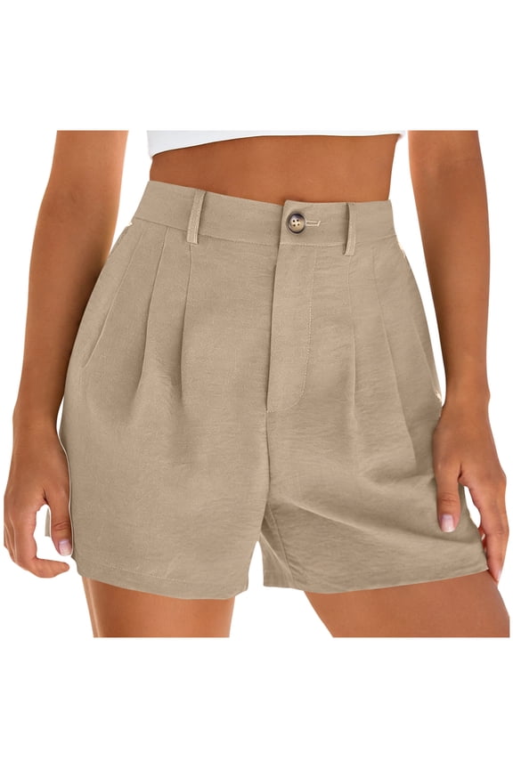 Women's Button Waist High Rise Pleated Loose Casual Shorts, Structured Fit with Pockets for Daily Commute Vacation Yellow M