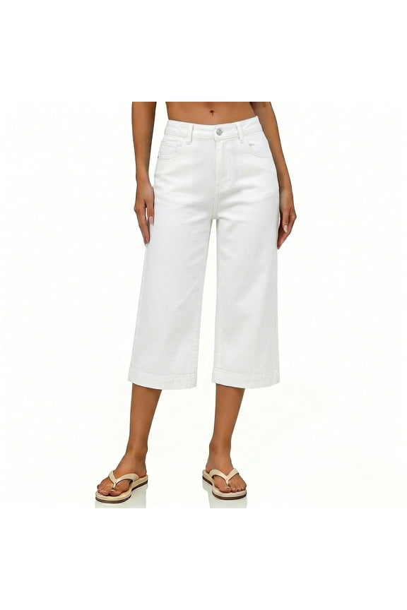 Women's Button Waist Loose Wide Leg Denim Capri Pants, Cuffed Hem for Summer Daily Casual Commute White L