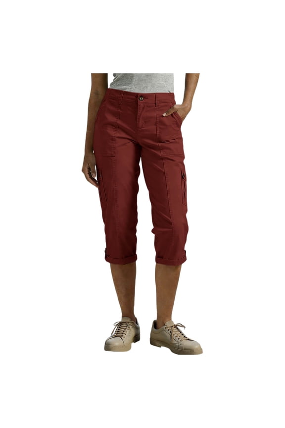Women's Button Waist Multi Pocket Cargo Capri Pants, Cuffed Breathable for Hiking Outdoor Daily Commute Red XXL