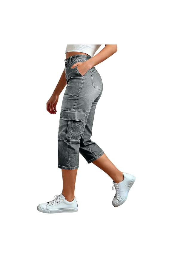 Women's Button Waist Multi Pocket Cargo Denim Capri Pants, Relaxed Structured Fit for Hiking Outdoor Daily Commute Gray L