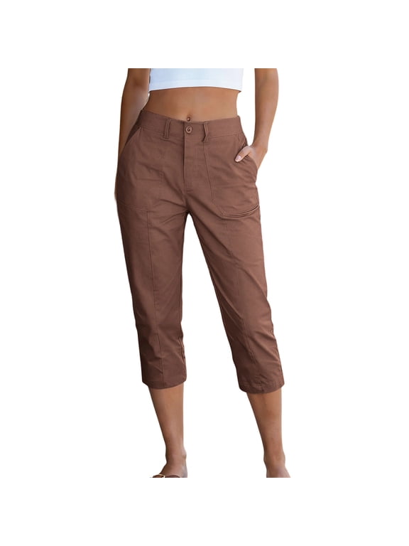 Women's Button Waist Multi Pocket Straight Leg Capri Pants, Relaxed Structured Fit with Pockets for Hiking Outdoor Daily Commute Brown S
