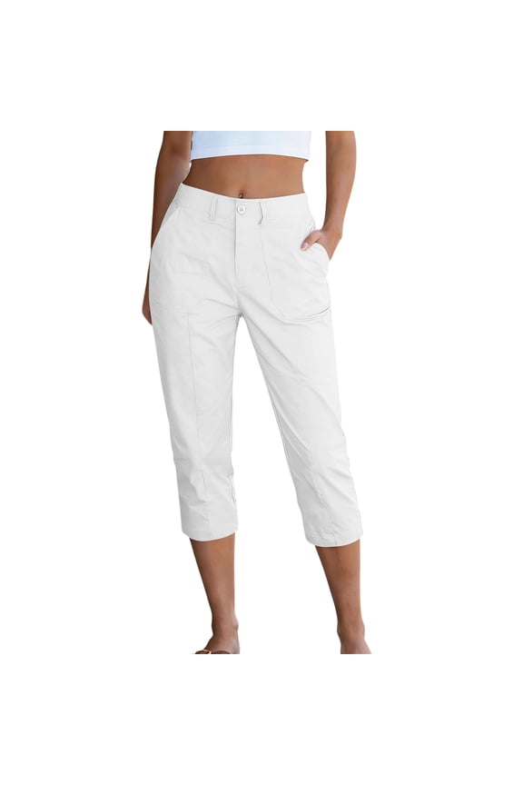 Women's Button Waist Multi Pocket Straight Leg Capri Pants, Relaxed Structured Fit with Pockets for Hiking Outdoor Daily Commute White S