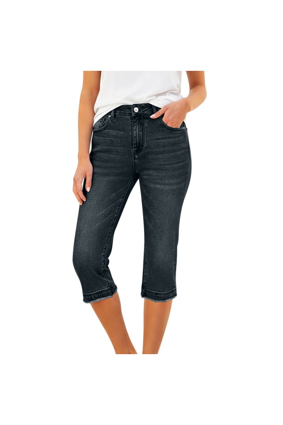 Women's Button Waist Slim Fit Cuffed Denim Capri Pants, Frayed Hem for Daily Casual Commute Wear Black S
