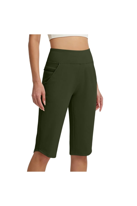 Women's Button Waist Slim Fit Straight Leg Commuter Capri Pants, Structured Fit for Office Daily Casual Wear Green M